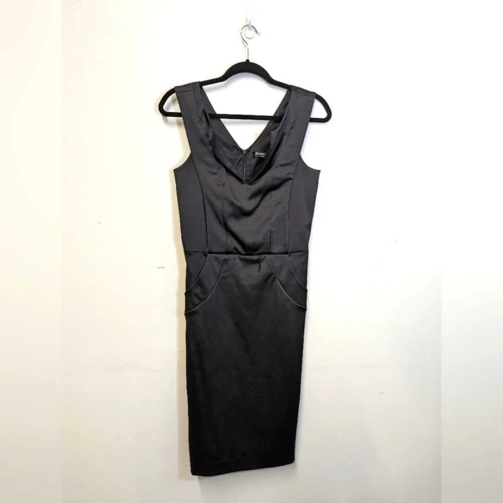 ELLEN Tracy Black Satin Sheath Wiggle Dress Mad Men MCM Style 6 Sleeveless
